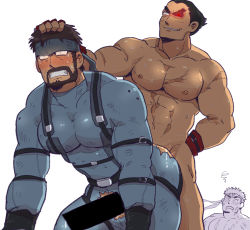 Rule 34 | 3boys, abs, anal, bar censor, bara, beard, black hair, blue bodysuit, blush, bodysuit, censored, clenched teeth, completely nude, crossover, cum, cum on body, cum on male, cum on pectorals, ejaculating while penetrated, ejaculation, erection, facial, facial hair, facial scar, glowing, glowing eye, grabbing another&#039;s hair, hand on another&#039;s head, headband, hoshieda (hoshinoedao), implied sex, male focus, male penetrated, mature male, metal gear (series), mishima kazuya, multiple boys, muscular, muscular male, mustache, navel, nipples, nude, pectorals, penis, precum, ryu (street fighter), scar, scar on cheek, scar on chest, scar on face, sex, short hair, smirk, solid snake, stomach, street fighter, suspenders, tearing up, teeth, torn bodysuit, torn clothes, torogao, yaoi