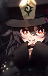 Rule 34 | 1girl, black hat, black nails, blush, chinese clothes, commentary request, crossed fingers, dark background, fingernails, flower-shaped pupils, genshin impact, hair between eyes, hat, hat ornament, highres, hu tao (genshin impact), long fingernails, long hair, long sleeves, looking at viewer, nail polish, pellas (panix2383), red eyes, sleeves past wrists, solo, symbol-shaped pupils, upper body, x fingers