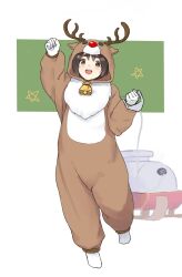 Rule 34 | 1girl, alternate costume, animal costume, animal hood, arm up, bell, black hair, blush, brown eyes, christmas, commentary, full body, gloves, highres, hood, hood up, kantai collection, kibitarou, long sleeves, looking at viewer, maru-yu (kancolle), open mouth, reindeer costume, short hair, simple background, solo, standing, star (symbol), symbol-only commentary, white gloves