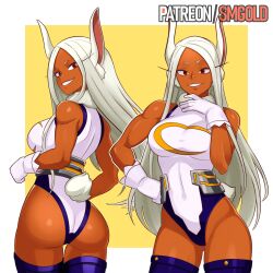 1girl absurdres animal_ears ass bare_shoulders boku_no_hero_academia border breasts clothing_cutout commentary covered_navel crescent_print dark-skinned_female dark_skin english_commentary fur_collar gloves gluteal_fold hand_on_own_chin hand_on_own_hip highleg highleg_leotard highres large_breasts leotard long_eyelashes long_hair looking_at_viewer mirko multiple_views patreon_username purple_thighhighs rabbit_ears rabbit_girl rabbit_tail red_eyes sleeveless_turtleneck_leotard smgold smile tail tail_through_clothes taut_leotard thick_thighs thigh_gap thighhighs thighs toned toned_female very_long_hair white_border white_gloves white_hair white_leotard yellow_background