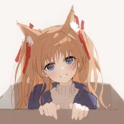 Rule 34 | 1girl, animal ears, black jacket, blush, box, commentary request, eyelashes, fox ears, fox girl, grey background, grey shirt, grin, hair between eyes, hair ribbon, head tilt, highres, in box, in container, jacket, kanon, long hair, looking at viewer, nujii, orange hair, red ribbon, ribbon, sawatari makoto, shirt, sidelocks, simple background, sketch, smile, solo, straight-on, upper body