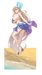 Rule 34 | 1girl, aqua bikini, arm strap, ass, asuna (blue archive), bare shoulders, bikini, blonde hair, blue archive, blue eyes, blue halo, blush, breasts, choker, commentary request, earrings, from behind, full body, hair ornament, hair over one eye, halo, hand up, high heels, highres, jewelry, kakumayu, large breasts, long hair, looking at viewer, looking back, one eye covered, see-through, smile, swimsuit, thighs, underboob, water, white background, white choker, white footwear