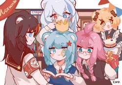 Rule 34 | 5girls, animal ears, arknights, armband, arms behind back, bear ears, black hair, black sailor collar, black shirt, blonde hair, blue eyes, blue hair, blue necktie, box, braid, cake, character request, collared shirt, commentary request, crown, food, gift, gift box, grey hair, gummy (arknights), hair between eyes, hair over shoulder, heterochromia, highres, holding, holding gift, istina (arknights), long hair, may (arknights), mini crown, multicolored hair, multiple girls, nail polish, neckerchief, necktie, pennant, red eyes, red nails, red neckerchief, red necktie, rosa (arknights), russian text, sailor collar, school uniform, serafuku, shirt, short eyebrows, sjutton, streaked hair, string of flags, sweater vest, thick eyebrows, topknot, translation request, twin braids, white shirt, zima (arknights)