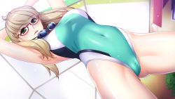 Rule 34 | 1girl, armpits, arms behind head, arms up, blonde hair, blush, breasts, censored, competition swimsuit, covered navel, female focus, game (=eroge) mitai na, suteki na koi ga shitai!, game cg, glasses, goggles, green eyes, groin, hadashi shoujo, highres, indoors, ino (magloid), large breasts, legs, legs apart, lisha lockheart, long hair, looking at viewer, mosaic censoring, one-piece swimsuit, original, parted lips, pussy, red-framed eyewear, solo, standing, swimsuit, thighs