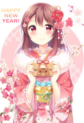 Rule 34 | 1girl, 2019, braid, brown eyes, brown hair, chinese zodiac, commentary request, ema, floral background, floral print, flower, fur-trimmed kimono, fur trim, hair flower, hair ornament, happy new year, hard-translated, hazuki (sutasuta), highres, holding, japanese clothes, kanzashi, kimono, long hair, long sleeves, looking at viewer, new year, obi, original, pink flower, pink kimono, red flower, sash, side braid, solo, third-party edit, translated, upper body, year of the pig