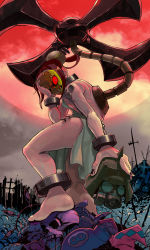 Rule 34 | 1girl, 27 degrees, bare legs, barefoot, black egrets, blade, bomb, breasts, brown hair, cerebella (skullgirls), death, explosive, feet, gas mask, george the bomb, glowing, glowing eyes, grave, hand on another&#039;s face, hand on own face, hat, helmet, highres, huge weapon, mask, mechanical arms, nail, painwheel (skullgirls), peacock (skullgirls), red eyes, severed head, short hair, skull, skullgirls, small breasts, solo, stitches, veins, weapon