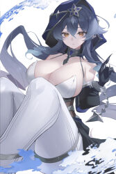 Rule 34 | 1girl, alternate breast size, bare shoulders, blue hair, blue hood, breasts, claw ring, cleavage, drill hair, drill sidelocks, genshin impact, highres, kaneko (bblogtinhan), large breasts, layla (genshin impact), long hair, looking at viewer, pointy ears, sidelocks, solo, thighs, yellow eyes