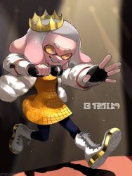 Rule 34 | 1girl, black gloves, blue pantyhose, boots, coat, cross-laced footwear, cross-shaped pupils, crown, dress, fingerless gloves, gloves, gradient hair, grey hair, holding, holding microphone, inkling, inkling (language), lace-up boots, light particles, long sleeves, medium hair, microphone, mole, mole under mouth, multicolored hair, nintendo, open clothes, open coat, orange dress, outstretched arm, pantyhose, pearl (splatoon), pink hair, shadow, smile, solo, splatoon (series), splatoon 3, spotlight, symbol-shaped pupils, tama5sp, tentacle hair, twitter username, two-tone hair, unzipped, white coat, white footwear, yellow eyes, zipper