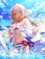 Rule 34 | 1girl, :d, bad id, bad pixiv id, bare shoulders, bikini, blonde hair, blue sky, bow, braid, breasts, cleavage, cloud, commentary request, criss-cross halter, day, fate/grand order, fate (series), flower, green eyes, hair bow, hair intakes, halterneck, holding, kim bae-eo, long hair, looking at viewer, medium breasts, navel, nero claudius (fate), nero claudius (fate) (all), nero claudius (swimsuit caster) (fate), nero claudius (swimsuit caster) (third ascension) (fate), open mouth, outdoors, puffy short sleeves, puffy sleeves, rose, see-through, short sleeves, side-tie bikini bottom, sky, smile, solo, standing, striped bikini, striped clothes, swimsuit, very long hair, wading, water, white bow, white flower, white rose