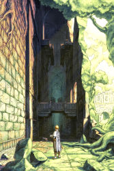 Rule 34 | 10s, 1boy, book, boots, brown hair, cape, facing away, from behind, highres, holding, holding book, long sleeves, male focus, moss, open book, overgrown, pants, rock, roots, ruins, scabbard, scenery, sheath, solo, sorey (tales), stone wall, sunlight, sword, tales of (series), tales of zestiria, vanishing point, wall, watari taichi, weapon