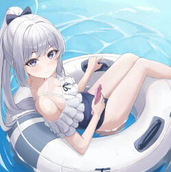 Rule 34 | 1girl, absurdres, bare arms, bare legs, bare shoulders, black one-piece swimsuit, blue archive, blue halo, blush, cellphone, closed mouth, frilled one-piece swimsuit, frills, grey hair, halo, highres, holding, holding phone, innertube, long hair, looking at viewer, miyako (blue archive), miyako (swimsuit) (blue archive), official alternate costume, one-piece swimsuit, perilpoint, phone, ponytail, purple eyes, smartphone, solo, swim ring, swimsuit, water