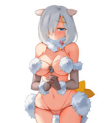 Rule 34 | 1girl, animal ears, bad id, bad pixiv id, bare shoulders, blue eyes, blush, breasts, cleavage, cosplay, elbow gloves, fate/grand order, fate (series), gloves, groin, hair over one eye, halloween costume, hamakaze (kancolle), kantai collection, large breasts, look-alike, looking at viewer, mash kyrielight, mash kyrielight (dangerous beast), mash kyrielight (dangerous beast) (cosplay), medium breasts, navel, official alternate costume, revision, shielder (fate/grand order) (cosplay), short hair, silver hair, simple background, smile, solo, thighs, white background, yostxxx