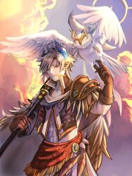 Rule 34 | 1boy, abs, another eden, armor, bird, brown gloves, cloud, cloudy sky, colored skin, cowboy shot, dunarith (another eden), earrings, feather earrings, feather trim, feathers, gloves, grey hair, grey skin, highres, holding, holding staff, horns, jewelry, komugiko no mori, male focus, mole, mole under eye, monster boy, owl, parted bangs, short hair, shoulder armor, sky, staff, toned, toned male, waist sash