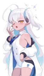Rule 34 | 1girl, ahoge, black horns, blue archive, blue hair, blue horns, blue necktie, blush, bodysuit, breasts, buttons, collared shirt, colored inner hair, commentary, cowboy shot, dark-skinned female, dark skin, hair between eyes, halo, hand up, highres, horns, jacket, jacket partially removed, long hair, looking at viewer, multicolored hair, multicolored horns, necktie, one eye closed, open mouth, orange eyes, pointy ears, shirt, simple background, sleeveless, sleeveless bodysuit, small breasts, solo, sumomo (blue archive), tearing up, two-tone hair, two-tone horns, two side up, unizou, white background, white bodysuit, white hair, white jacket, yawning