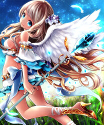 Rule 34 | 1girl, bare shoulders, blue eyes, blue sky, breasts, feathered wings, feathers, from side, grass, hair ornament, high heels, holding, holding staff, jewelry, light brown hair, long hair, looking at viewer, looking back, medium breasts, mintsu (ichi--kun), original, outdoors, sky, smile, solo, staff, very long hair, white wings, wings