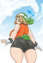 Rule 34 | 1girl, ass, bandana, bare shoulders, bike shorts, blue eyes, breasts, brown hair, closed mouth, cosplay, cowboy shot, creatures (company), fingerless gloves, from below, game freak, gloves, highres, immortalstar, large breasts, may (pokemon) (cosplay), nintendo, pokemon, pokemon (anime), pokemon emerald, pokemon rse, pokemon xy (anime), serena (pokemon), short hair, solo, thick thighs, thighs, white gloves