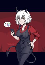 Rule 34 | 1girl, ahoge, black nails, black pantyhose, black skirt, black vest, burbur, cellphone, commentary, cosplay, demon tail, english commentary, fate/grand order, fate (series), hand on own hip, helltaker, highres, horns, jeanne d&#039;arc (fate), jeanne d&#039;arc alter (avenger) (fate), jeanne d&#039;arc alter (fate), letterboxed, long sleeves, looking at viewer, malina (helltaker), malina (helltaker) (cosplay), mixed-language commentary, nail polish, pantyhose, parody, pencil skirt, phone, red shirt, saint quartz (fate), shirt, short hair, skirt, smartphone, solo, style parody, tail, vest, watermark, wavy mouth, white hair, wing collar, yellow eyes