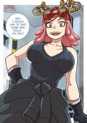 Rule 34 | 1girl, black gloves, black tank top, boku no hero academia, breasts, clothes around waist, commentary, commentary request, crosshair pupils, english commentary, english text, gloves, goggles, goggles on head, hatsume mei, large breasts, looking at viewer, medium hair, mixed-language commentary, open mouth, pink hair, redjet, solo, speech bubble, sweater, sweater around waist, tank top, yellow eyes