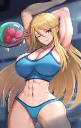 Rule 34 | 1girl, 1other, abs, absurdres, alien, alternate breast size, arms behind head, arms up, bad anatomy, beauty mark, biceps, blonde hair, blue bra, blue panties, blurry, blurry background, bra, breasts, bursting pectorals, cleavage, cowboy shot, curvy, eyebrows hidden by hair, eyelashes, female focus, gluteal fold, gonzarez, green eyes, highres, huge breasts, impossible clothes, linea alba, lips, long hair, looking at viewer, mature female, metroid, metroid (creature), midriff, mole, mole under mouth, muscular, muscular arms, muscular female, muscular legs, nail polish, narrow waist, navel, nintendo, no pants, obliques, one eye closed, panties, pinup (style), samus aran, sideboob, skin tight, solo, solo focus, spacecraft, sports bra, sportswear, thick thighs, thighs, tight clothes, toned, toned female, triceps, twitter username, underwear, underwear only, video game, watermark, wide hips