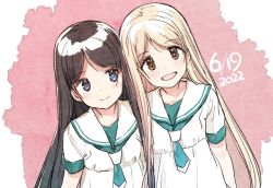 Rule 34 | 2girls, :d, black hair, blonde hair, blue eyes, blush, brown eyes, commentary, copyright request, dated, dress, multiple girls, nagatsuki misoka, open mouth, parted bangs, sailor collar, sailor dress, short sleeves, smile, symbol-only commentary, upper body, white dress, white sailor collar