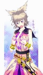 Rule 34 | 1girl, blush, breast hold, breasts, brown hair, chamaruk, dress, female focus, grabbing, grabbing another&#039;s breast, grabbing own breast, highres, open mouth, short hair, skirt, sleeveless, solo, sword, touhou, toyosatomimi no miko, weapon