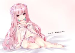 Rule 34 | 1girl, arm support, babydoll, bad id, bad pixiv id, bare arms, bare legs, bare shoulders, barefoot, bed sheet, bow, bow panties, breasts, cleavage, closed mouth, collarbone, commentary request, dated, flower, frilled panties, frills, full body, hair between eyes, hair flower, hair ornament, large breasts, long hair, looking at viewer, nanase nao, navel, original, panties, pink hair, pink panties, purple flower, red eyes, red flower, see-through, smile, solo, twitter username, underwear, very long hair