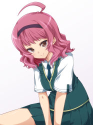 Rule 34 | 10s, 1girl, ahoge, bad id, bad pixiv id, brown eyes, gradient background, hairband, highres, itsumi1021, looking at viewer, necktie, pink hair, pleated skirt, school uniform, shirt, short sleeves, sitting, skirt, smile, solo, takamiya kasumi, vest, white shirt, witch craft works