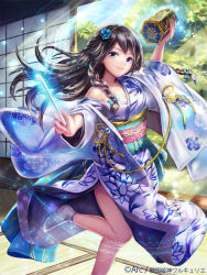 Rule 34 | 1girl, black eyes, black hair, blue bow, bow, braid, closed mouth, day, floral print, flower, from side, hair bow, hair flower, hair ornament, indoors, japanese clothes, karasuba yomi, kimono, long hair, long sleeves, looking at viewer, looking to the side, obi, off shoulder, official art, sash, sengoku kishin valkyrie, side braid, smile, solo, tabi, wide sleeves