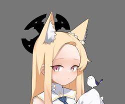 Rule 34 | 1girl, 1other, animal ears, bird, blonde hair, blue archive, detached sleeves, dress, fox ears, grey background, halo, looking at viewer, school uniform, seia (blue archive), simple background, sleeveless, sleeveless dress, smokedfox, upper body, white dress