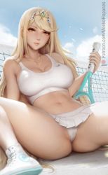 Rule 34 | 1girl, ass, bare shoulders, blonde hair, bra, breasts, cameltoe, circlet, cleavage, large breasts, lips, looking at viewer, meekohopanes, mythra (xenoblade), nail polish, navel, net, outdoors, panties, presenting, racket, shoes, skindentation, skirt, sneakers, sports bra, sportswear, spread legs, tennis court, tennis racket, tennis uniform, thick thighs, thighs, underwear, upskirt, white bra, white panties, white skirt, xenoblade chronicles (series), xenoblade chronicles 2, yellow eyes