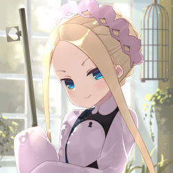 Rule 34 | &gt;:), 1girl, abigail williams (fate), abigail williams (festival outfit) (fate), bad id, bad pixiv id, bell (oppore coppore), birdcage, black dress, blonde hair, blue eyes, blurry, blurry background, blush, braid, butterfly hair ornament, cage, closed mouth, commentary request, depth of field, dress, fate/grand order, fate (series), forehead, hair ornament, heart, heroic spirit chaldea park outfit, holding, keyhole, long hair, long sleeves, official alternate costume, parted bangs, shirt, sidelocks, sleeveless, sleeveless dress, sleeves past fingers, sleeves past wrists, smile, solo, v-shaped eyebrows, white shirt