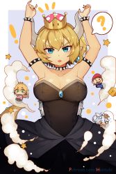 Rule 34 | 1boy, 3girls, ?, aqua eyes, armlet, arms up, artist name, black dress, blonde hair, bowsette, bracelet, breasts, brooch, chibi, collar, collarbone, commentary, dress, english commentary, fang, forked eyebrows, forked tail, hair between eyes, hairband, hentaki, highres, horns, jewelry, large breasts, luigi&#039;s mansion, mario, mario (series), multiple girls, new super mario bros. u deluxe, nintendo, notched ear, open mouth, pointy ears, princess king boo, princess peach, short hair, sleeveless, sleeveless dress, smoke, solo focus, speech bubble, spiked armlet, spiked bracelet, spiked collar, spiked tail, spikes, spoken question mark, star (symbol), strapless, strapless dress, super crown, tail, thick thighs, thighs, wide hips