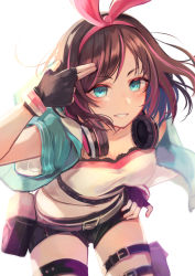 Rule 34 | 1girl, arm up, belt, belt buckle, black gloves, black shorts, blue eyes, blue jacket, brat (brabrabrat00), breasts, brown hair, buckle, commentary request, fingerless gloves, fingernails, gloves, hair ribbon, hairband, hand on own hip, headphones, highres, jacket, kizuna ai, kizuna ai (a.i. games), kizuna ai inc., multicolored hair, official alternate costume, open clothes, open jacket, pink hair, pink hairband, pink ribbon, ribbon, shirt, short shorts, short sleeves, shorts, simple background, small breasts, solo, streaked hair, virtual youtuber, white background, white shirt