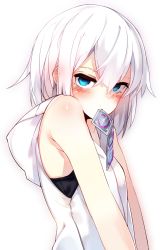 Rule 34 | 1girl, bare shoulders, blue eyes, blush, body blush, condom, condom in mouth, condom packet strip, condom wrapper, highres, looking at viewer, mouth hold, original, otokuyou, ringo-chan (haegiwa), ringo-chan (otokuyou), short hair, silver hair, simple background, sleeveless, sleeveless hoodie, solo, upper body, v arms, white background