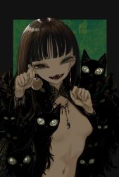 Rule 34 | 1girl, :3, :d, black cat, blunt bangs, bracelet, breasts, brown hair, cat, earrings, eye focus, fingernails, green background, green eyes, hands up, highres, jewelry, long hair, looking at viewer, multicolored eyes, narue, navel, necklace, no nose, open mouth, original, paw pose, red eyes, revealing clothes, sharp teeth, small breasts, smile, solo, teeth, tomoe (symbol), underboob, upper body