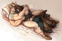 Rule 34 | 2boys, aged down, arm hug, bara, bare shoulders, bed, bed sheet, belt, blonde hair, blue eyes, blush, brown hair, caesar anthonio zeppeli, catneylang, couple, crossed legs, facial mark, feather hair ornament, feathers, full body, gradient hair, green eyes, hair ornament, headband, heart, highres, hug, indoors, jojo no kimyou na bouken, joseph joestar, joseph joestar (young), looking at another, lying, male focus, mask, multicolored hair, multiple boys, muscular, on back, on bed, pants, pillow, shoes, short sleeves, smile, yaoi