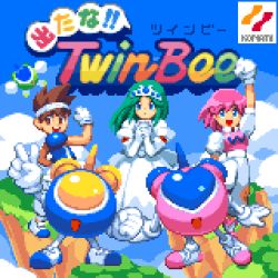 Rule 34 | 1boy, 2girls, :d, blue eyes, brown eyes, brown hair, copyright name, crown, day, dress, gloves, green hair, gwinbee, hairband, headband, highres, konami, light (twinbee), logo, multiple girls, open mouth, outdoors, pastel (twinbee), pink hair, pixel art, pixelflag, princess melora, sleeveless, smile, twinbee, twinbee (character), white dress, white gloves, white headband, winbee
