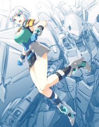 Rule 34 | 1girl, :d, absurdres, aqua eyes, black skirt, blue gloves, braid, breasts, clenched hands, gloves, hair ornament, hairclip, highres, ishiyumi, large breasts, looking at viewer, mecha, open mouth, robot, science fiction, seolla schweizer, short hair, silver hair, skirt, smile, solo, super robot wars, super robot wars original generation, wildfalken