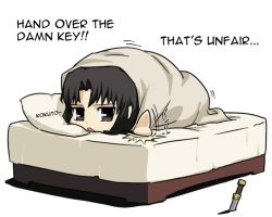 Rule 34 | 1girl, afterimage, bed, black hair, blanket, chibi, english text, facing viewer, full body, hard-translated, kara no kyoukai, knife, looking at viewer, lying, motion lines, on stomach, pillow, ryougi shiki, simple background, solo, third-party edit, translated, type-moon, usatarou, white background
