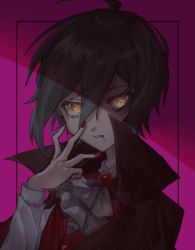 Rule 34 | 1boy, ahoge, ascot, black hair, blood, blood from mouth, blood on face, brown cape, cape, danganronpa (series), danganronpa v3: killing harmony, hair between eyes, hand up, highres, male focus, nail polish, official alternate costume, parted lips, pink background, raru (mqwmguqjc74hecq), red nails, red vest, saihara shuichi, short hair, solo, teeth, upper body, vest, yellow eyes