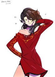 Rule 34 | 1girl, black choker, black hair, choker, cinder fall, dress, hand in own hair, hand on own hip, highres, long hair, looking at viewer, misanim, red dress, rwby, simple background, solo, thighs, twitter username, white background, yellow eyes