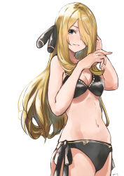 1girl bare_arms bare_shoulders bikini black_bikini blonde_hair blue_eyes breasts cleavage commentary_request cowboy_shot creatures_(company) cynthia_(pokemon) e-co female_focus game_freak groin hair_ornament hair_over_one_eye long_hair looking_at_viewer medium_breasts navel nintendo pokemon pokemon_dppt side-tie_bikini_bottom simple_background smile solo stomach swimsuit thighs white_background