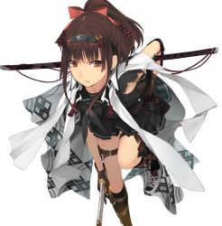 Rule 34 | 1girl, black skirt, brown eyes, brown hair, hair ornament, hair ribbon, hairband, hairclip, holding, holding sword, holding weapon, jacket, jacket on shoulders, katana, looking at viewer, open mouth, original, pleated skirt, ponytail, rayvon, ribbon, school uniform, sheath, sheathed, shoes, sidelocks, simple background, skirt, sneakers, solo, standing, standing on one leg, sword, thigh strap, weapon, white background
