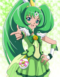Rule 34 | 10s, 1girl, :d, bow, bowtie, brooch, choker, circlet, cure march, dress, eyelashes, green background, green bow, green bowtie, green dress, green eyes, green hair, green skirt, green theme, hand on own hip, hip focus, jewelry, long hair, magical girl, masako (sabotage-mode), matching hair/eyes, midorikawa nao, open mouth, pointing, ponytail, precure, skirt, smile, smile precure!, solo, star (symbol), starry background, tri tails, wrist cuffs