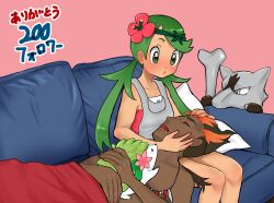 1boy 1girl alolan_form alolan_marowak black_hair bone closed_eyes couch creatures_(company) dark-skinned_male dark_skin drooling game_freak gen_4_pokemon gen_7_pokemon green_eyes green_hair hetero highres kiawe_(pokemon) lap_pillow legendary_pokemon mallow_(pokemon) multicolored_hair mythical_pokemon nail_polish nintendo on_couch pokemon pokemon_(anime) pokemon_(creature) pokemon_sm_(anime) red_hair red_nails saliva shaymin shaymin_(land) sleeping two-tone_hair yamashita_momiyo