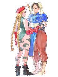Rule 34 | 2girls, ass, bare shoulders, beret, birokichi00, black footwear, blue dress, boots, bracelet, braid, brown hair, bun cover, cammy white, capcom, china dress, chinese clothes, chun-li, double bun, dress, green leotard, hair bun, hair pulled back, hat, height difference, highres, imminent hand holding, jewelry, leotard, lips, looking at another, multiple girls, muscular, muscular female, muscular legs, pantyhose, puffy sleeves, sash, simple background, spiked bracelet, spikes, street fighter, street fighter ii (series), thick thighs, thighs, toned, twin braids, white background, white footwear