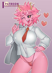 Rule 34 | 1girl, absurdres, ashido mina, black sclera, boku no hero academia, breasts, colored sclera, colored skin, cowboy shot, hand on own hip, heart, highres, horns, jacket, unworn jacket, large breasts, looking at viewer, messy hair, nauth, necktie, one eye closed, open mouth, outline, patreon username, pink hair, pink skin, purple background, shirt, short hair, simple background, solo, standing, teeth, thong, tongue, upper teeth only, white outline, white shirt, wink, yellow eyes