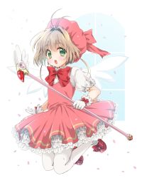 Rule 34 | 1girl, absurdres, antenna hair, brown hair, cardcaptor sakura, commentary request, dress, frilled dress, frills, full body, fuuin no tsue, gloves, green eyes, highres, kantai collection, kinomoto sakura, magical girl, open mouth, puya, red dress, red headwear, short hair, smile, solo, thighhighs, wand, white gloves, white thighhighs, wings