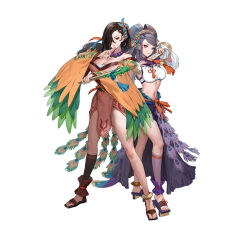 Rule 34 | 2girls, breasts, brown eyes, brown hair, cleavage, fire emblem, fire emblem fates, fire emblem heroes, hand up, kagero (fire emblem), kagero (winds offered) (fire emblem), large breasts, looking at viewer, midriff, multiple girls, nintendo, non-web source, official alternate costume, official art, orochi (fire emblem), orochi (winds offered) (fire emblem), pelvic curtain, pinwheel hair ornament, purple eyes, purple hair, sandals, smile, white background