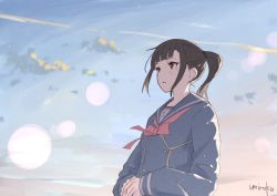 Rule 34 | 1girl, aoi ch., artist name, blouse, blue jacket, blue sailor collar, blue shirt, blue sky, blunt bangs, bow, bowtie, brown eyes, cloud, day, fuji aoi, jacket, long sleeves, mole, mole under eye, outdoors, own hands together, parted lips, red bow, red bowtie, sailor collar, school uniform, serafuku, shirt, signature, sky, solo, umiroku, upper body, virtual youtuber